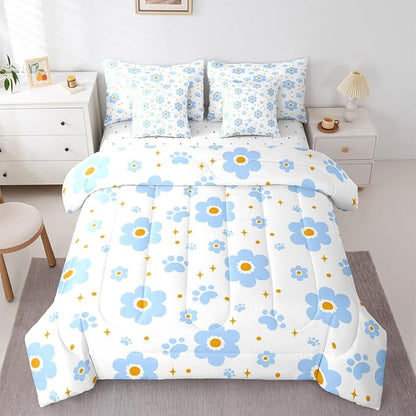 Feelyou Blue Flower 7 Piece Bedding Set Cute Dog Paw Print Comforter Set with Sheets for Kids Boys Girls Star Print Bed in a Bag Kawaii Bed Set Soft Lightweight