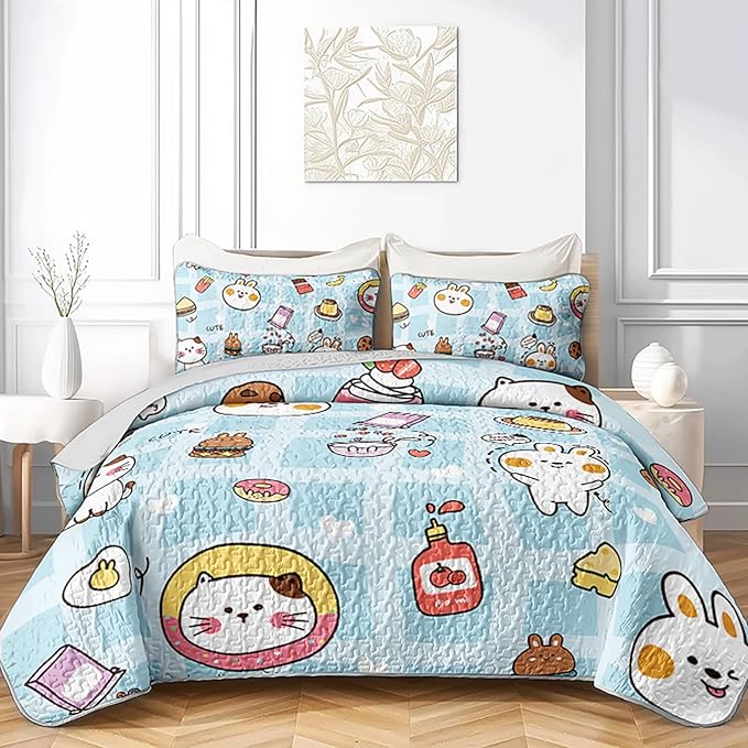 AILONEN Cartoon Cat Quilt Set King Size Cute Pet Cat Animal Theme Bedspread Coverlet for Kids Girls Boys,1 Quilt with 2 Pillowcases,Bed Cover