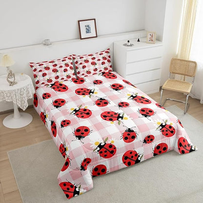 Cartoon Ladybug Bedding Set Toddler Size Rustic Pink Plaid Comforter Set for Kids Teens Room Decor Cute Dasiy Flower Duvet Insert Geometric Polka Dots Down Comforter Set,2Pcs