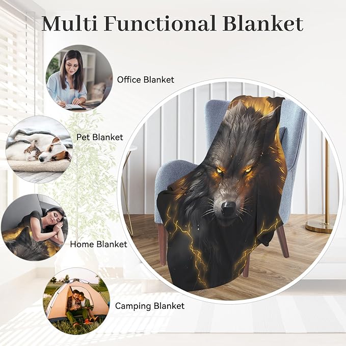 Huke Wolf Gifts Blanket, Black Gold Fire Lightning Wolf Throw Blankets,Wolf Gifts for Men Women Kids, Unique Wolf Gifts for Wolf Lovers, Wolf Gifts for Boys Girls, Cool Wolf Decor,50"X40"