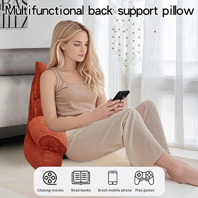 RRPAHWTV Reading Pillow for Bed with High Arm Rests,Back Support Pillow for Sitting Up in Bed with Shredded Memory Foam for Reading, TV, Gaming or Relaxing on Floor（Bright Orange, Small）