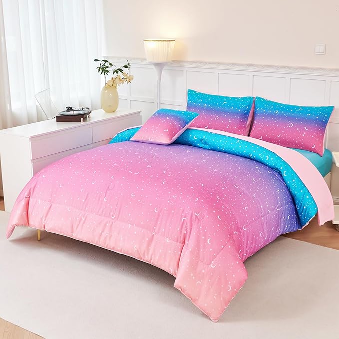 URBONUR 6 Pcs Gradient Comforter Set for Girls Twin Size Pink Purple Blue Colorful Moon Star Rainbow Comforter Bed in A Bag, Soft & Lightweight Kids Teen Bedding Set