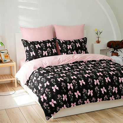 Queen Duvet Cover 3Pcs Black Pink Bow Bedding Set for Girls Kids, Cute Floral Bowknot Design, Super Soft 100% Microfiber Comforter Cover (2 Pillowcases, No Comforter)