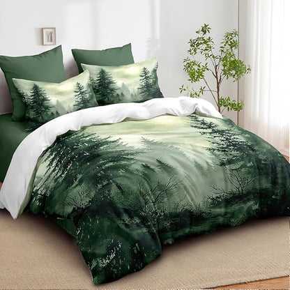 Pine Tree Duvet Cover Queen Size Forest Olive Green Duvet Cover Set Gradient Watercolor Botanical Bedding Set Soft Breathable Microfiber Comforter Cover(2 Pillowcases, No Comforter)