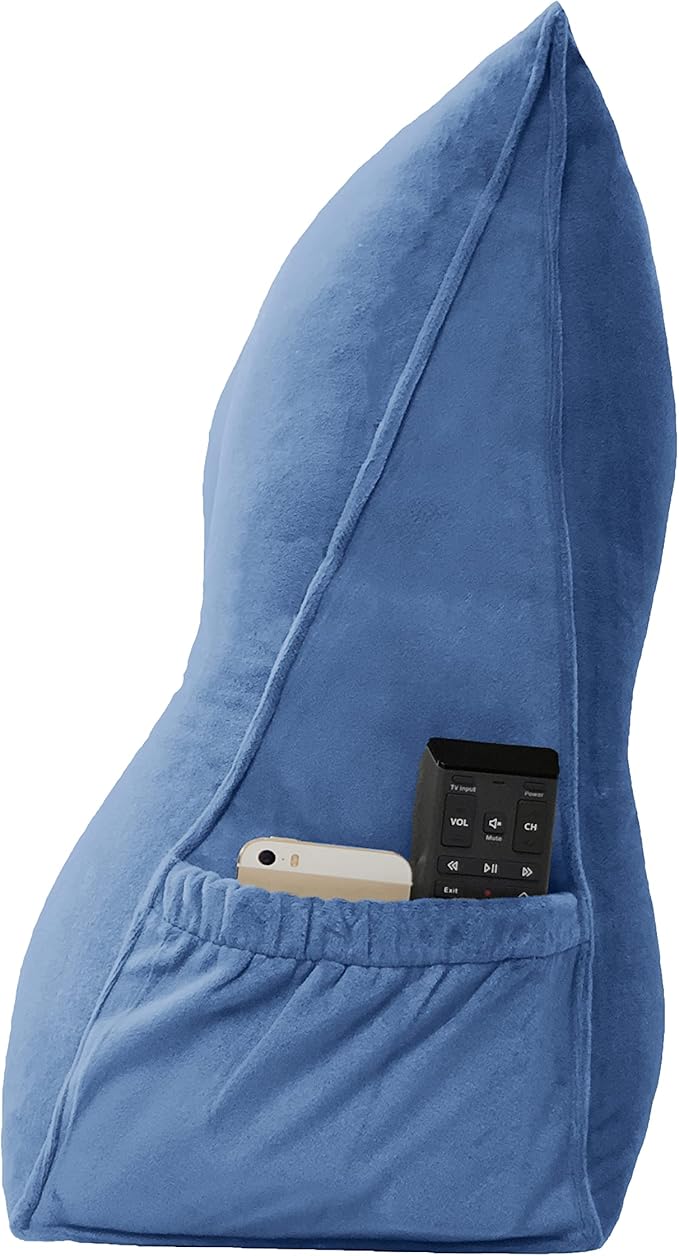 Triangular Reading Bed Rest Pillow Large Bolster Cushion Headboard Backrest Wedge Pillow with Removable Cover and Two Large Side Pockets (Steel Blue, Queen: 59 x 8 x 20 inches)