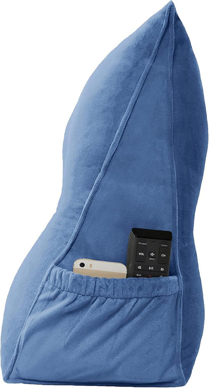 Triangular Reading Bed Rest Pillow Large Bolster Cushion Headboard Backrest Wedge Pillow with Removable Cover and Two Large Side Pockets (Steel Blue, California King: 71 x 8 x 20 inches)
