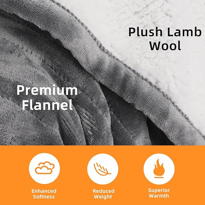 RAINOVA Heated Blanket Electric Throw, Electric Blanket-84''x90'', Soft Flannel Lamb Swool Heating Blanket, 10-Level Heating, 10-Hour Auto-Off, Gifts for Parents and Elders, Gray, ETL & FCC Certified