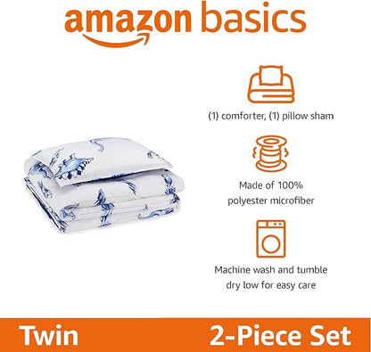 Amazon Basics 2 Piece Soft Microfiber Kid's Comforter and Pillow Sham Set, Twin, Dinosaurs, Animal Print