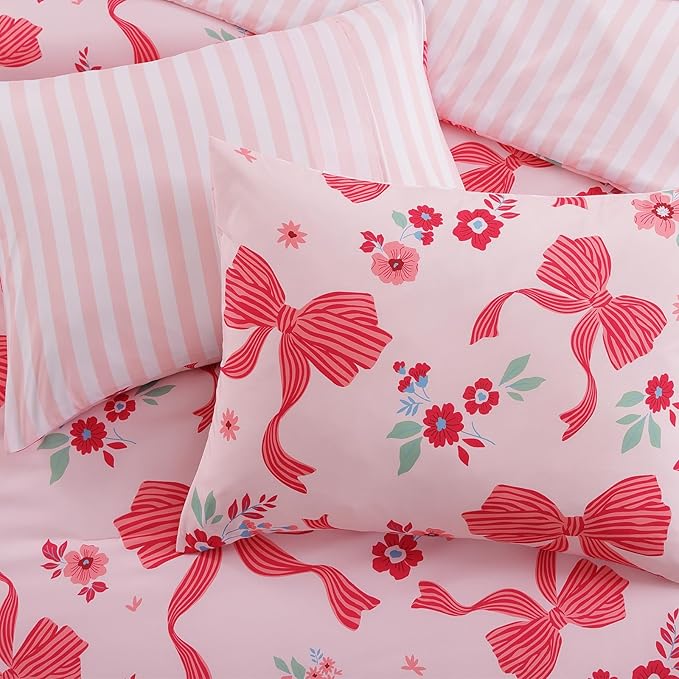 Queen Comforter Set for Girls, Pink Bow Bedding Set with Cute Floral, All Season Kids Bed in a Bag 7 Pieces with Sheets, Pillowcases & Shams