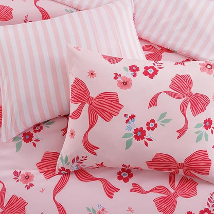 Twin XL Comforter Set for Girls, Pink Bow Bedding Set with Cute Floral, All Season Kids Dorm Bed in a Bag 5 Pieces with Sheets, Pillowcase & Sham
