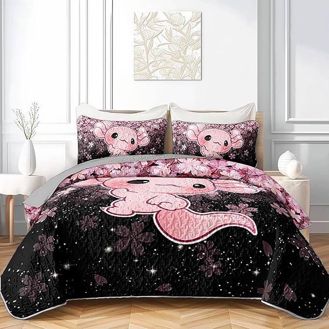 QOOMO Axolotl Quilt Set Full/Queen Size,Sakura Salamander Bedspread Coverlet Set,Cherry Blossom 3Pcs Bedding Set Printed Quilt with 2 Pillowcases,Soft and Lightweight,for All Seasons