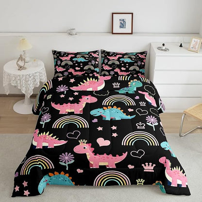 Castle Fairy Lovely Dino Kids Comforter Set Toddler Size,Cute Rainbow Floral Love Heart Reversible Quilt Set for Boys Bedroom Decor,Pink Black Dinosaur Kawaii Animal Duvet Insert,1 Pillowcase