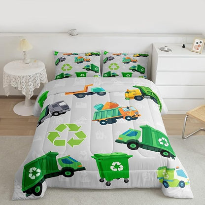 Feelyou Green Garbage Truck Toddler Size Bedding Set Cartoon Trash Truck Comforter Set for Kids Boys Girls Teens Green Vehicle Car Comforter Garbage Truck Toy Duvet Set with 1 Pillow Case