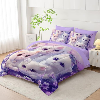 Cat Bedding 7 Piece Comforter Set Queen Size,Cute Animal Themed Bed Set for Girls Room Decor,Kids Bedding with 1 Comforter,1 Flat Sheet,1 Fitted Sheet,4 Pillowcases.