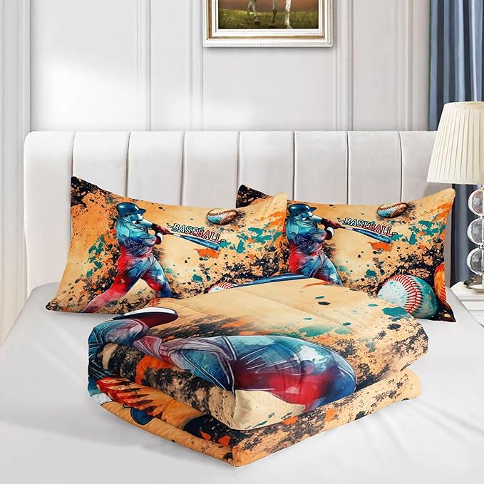 Kids Comforter Set Trend Baseball Printed Pattern Bedding Set with 1 Comforter and 2 Pillowcases for Girls Boys Bedroom All Season(Trend Baseball Twin)