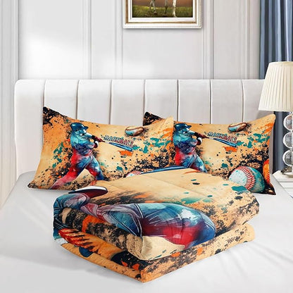 Kids Comforter Set Trend Baseball Printed Pattern Bedding Set with 1 Comforter and 2 Pillowcases for Girls Boys Bedroom All Season(Trend Baseball Twin)