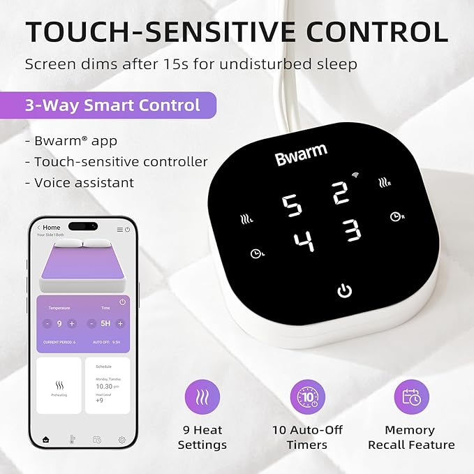 Bwarm WiFi Heated Mattress Pad Queen Size, Bed Warmer with 9 Heat Settings, 1-12 Hours Auto Off Deep Pocket, Machine Washable, Diamond Quilted White Queen 60" x 80"