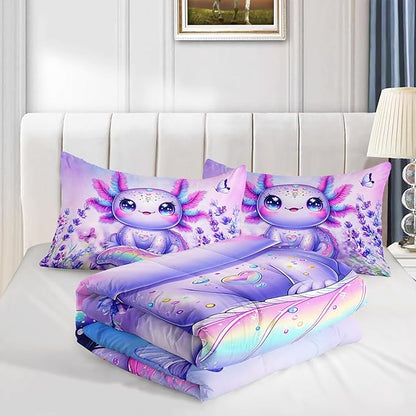 Cute Axolotl Comforter Sets King Size,Blooming Lavender Butterfly Printed Bedding Set for Kids Girls Room Decor,Cartoon Ocean Animal Themed Comforter Sets with 2 Pillowcases.