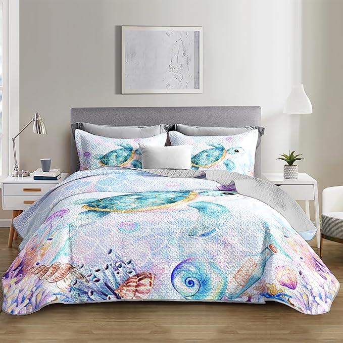 Coastal Bedding Sea Turtle Quilted Set,Mermaid Scale Coral Pattern Bed Set for Toddler Kids Girls Beach Themed Room Decor,Twin Quilt Bedding Sets with 2 Pillowcases.