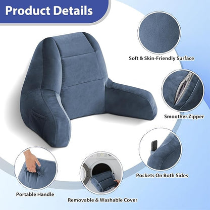 Reading Pillows for Sitting in Bed Adult, Back Pillow for Bed Sitting Up, Backrest Pillows with Shredded Foam for Adult&Teens, Support Pillow with Arms for Beds, Couch, Floor, 18in, Navy Blue