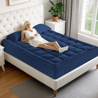 MATBEBY Twin Size Mattress Pad - Cooling Breathable Mattress Topper, Quilted Fitted Mattress Protector, Pillow Top Mattress Cover with 8-21" Deep Pocket, Machine Washable, Navy Blue, 39x75 Inches