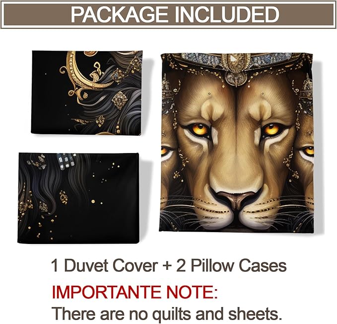 Lion Duvet Cover California King, Crown Lion Father and Son Bedding Set Bedroom Decor Luxury Abstract Animals Comforter Cover with Zipper Ties & 2 Pillowcases