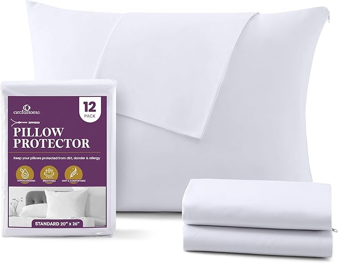CirclesHome Pillow Protectors 12 Pack Standard Zippered - 100% Cotton Breathable Pillowcases - Protects Pillows from Dirt, Dust and Debris (Standard - Set of 12 - 20x26)