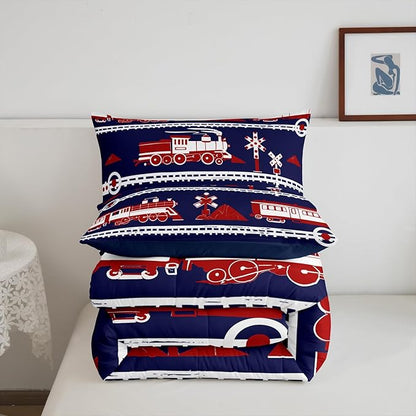 Erosebridal Train Comforter Set Cartoon Car Toddler Bedding, Traffic Transportation Track Comforter for Kids Teens Vintage Steam Engine Railway Decor Quilt Set Room Twin 2Pcs, Navy Blue Red White