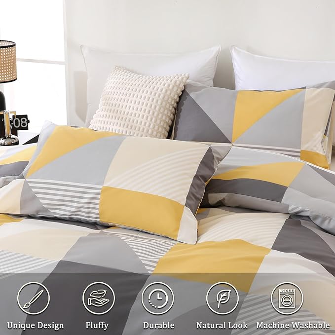 Yellow and Grey Duvet Cover Set King Size, 100% Natural Cotton Geometric Duvet Cover 3 Piece Soft Breathable Bedding Set for All Seasons
