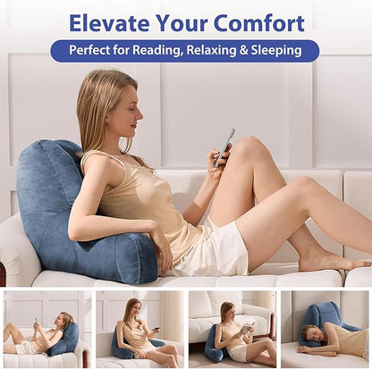 Reading Pillows for Sitting in Bed Adult, Back Pillow for Bed Sitting Up, Backrest Pillows with Shredded Foam for Adult&Teens, Support Pillow with Arms for Beds, Couch, Floor, 18in, Navy Blue