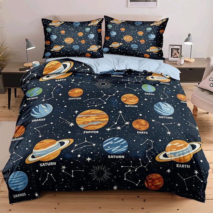 Space Boys Teens Duvet Cover Sets Full Size, Black Galaxy Planet Comforter Cover,1 Duvet Cover 79x90 Inches and 2 Pillowcases 20x26 Inches (Full,No Comforter)