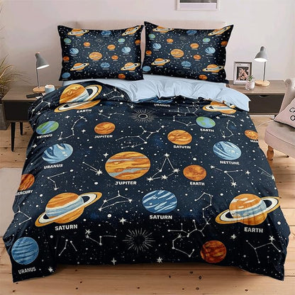 Space Boys Teens Duvet Cover Sets Full Size, Black Galaxy Planet Comforter Cover,1 Duvet Cover 79x90 Inches and 2 Pillowcases 20x26 Inches (Full,No Comforter)