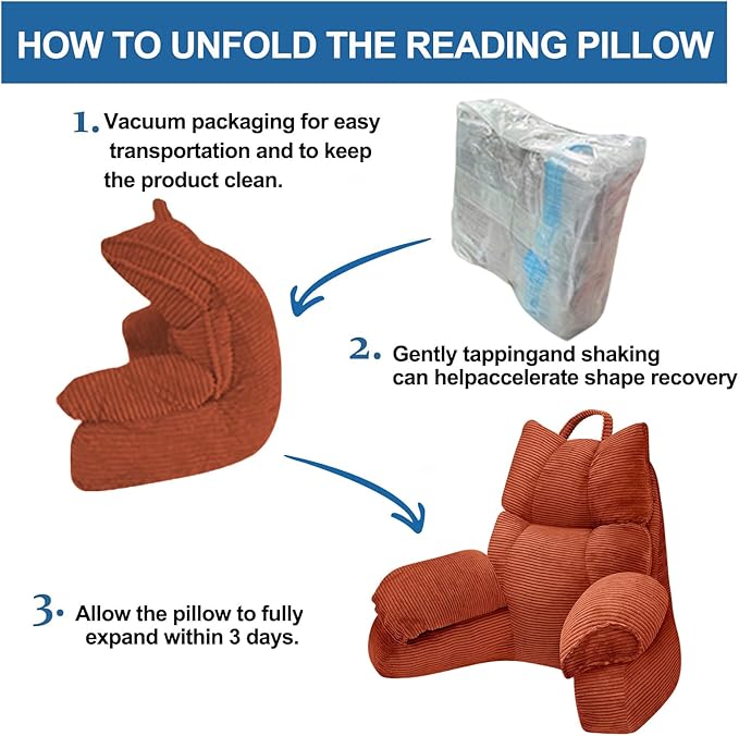 RRPAHWTV Reading Pillow for Bed with High Arm Rests,Back Support Pillow for Sitting Up in Bed with Shredded Memory Foam for Reading, TV, Gaming or Relaxing on Floor（Bright Orange, Small）
