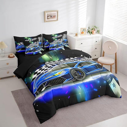 Feelyou Blue Racing Car 7 Piece Bedding Set Twin Size Extreme Sport Comforter Set with Sheets for Kids Boys Girls Teens Toddler Fast and Furious Bed in a Bag Black White Flag Bed Set