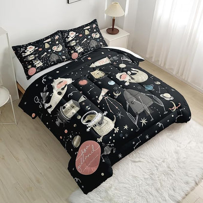 Cartoon Space Theme Bedding Comforter Set Full Size for Kids Teens and Adults Astronauts Printed Quilt Set for Bedroom Soft Microfiber Print Quilt Set with 1 Comforter and 2 Pillowcases