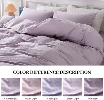 NEXHOME PRO Duvet Cover Set 100% Washed Cotton Super King 108"x98", Organic Natural Linen Look Textured 3 Pieces Bedding Set Lavender Lilac with Zipper Closure, Breathable and Soft (No Comforter)
