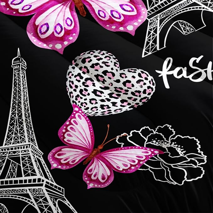 Pink Butterfly Comforter Full Bedding Sets for Girls, Eiffel Tower Leopard Heart Pattern Bedding Sets with 2 Pillowcases,Aesthetic Bedding for Women Girls Bedroom Paris Decor.