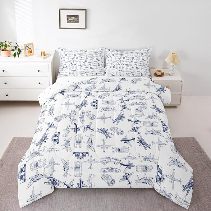 Feelyou Aircraft Bedding Set Kids Airplane Print Comforter Set Boys Girls Decor Aircraft Flying Comforter Cover Set Microfiber Sketch Style Blue White Duvet Set Bedroom Quilt Set Queen Size