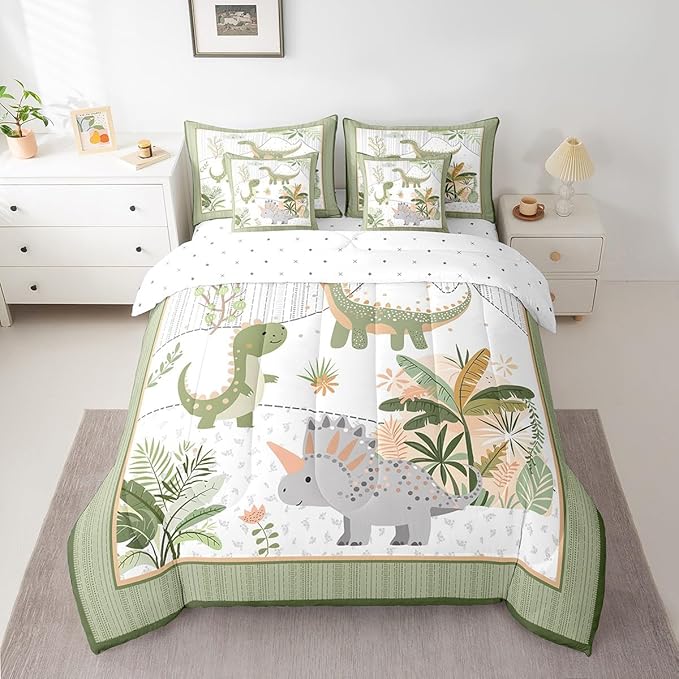 Feelyou Kids Cute Dinosaur 7 Piece Bedding Set King Size Cartoon Dinosaur Comforter Set with Sheets for Boys Girls Teens Green Grey Bed in a Bag Coconut Plant Bed Set