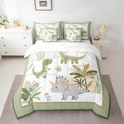 Feelyou Kids Cute Dinosaur 7 Piece Bedding Set Twin Size Cartoon Dinosaur Comforter Set with Sheets for Boys Girls Teens Green Grey Bed in a Bag Coconut Plant Bed Set