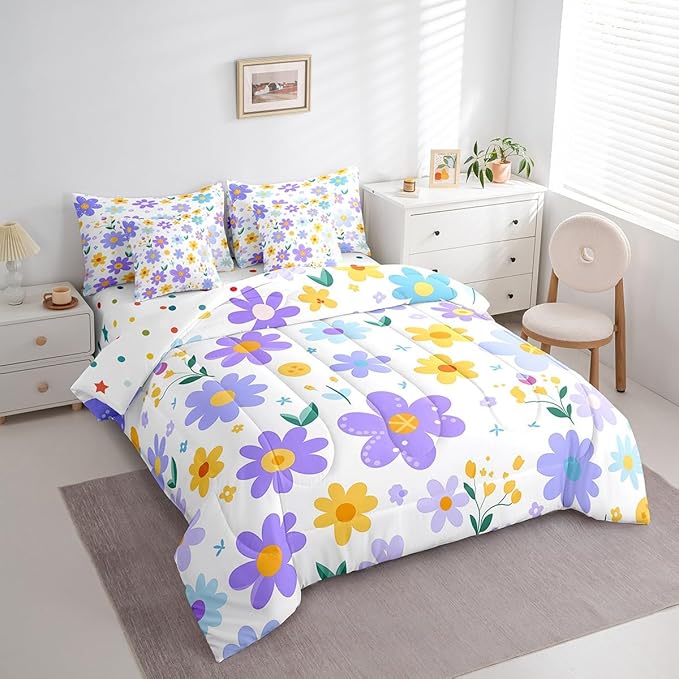 Feelyou Cute Flower 7 Piece Bedding Set Queen Size Kids Cartoon Cute Floral Bed in a Bag for Girls Teens Purple Yellow Comforter Set with Sheets Kawaii Bed Set