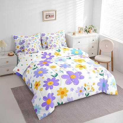 Feelyou Cute Flower 7 Piece Bedding Set Twin Size Kids Cartoon Cute Floral Bed in a Bag for Girls Teens Purple Yellow Comforter Set with Sheets Kawaii Bed Set