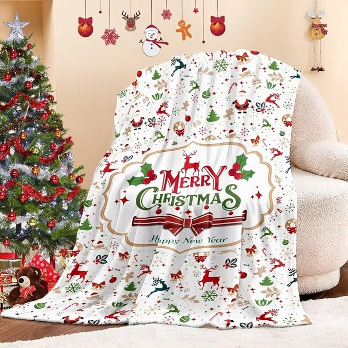 Christmas Blanket Santa Claus Deer Flannel Throw Blanket Soft Plush Snowman Blanket for Couch Sofa Bed Merry Christmas Home Decor 50x60”