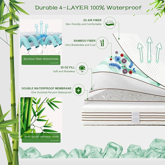 GRT Twin XL Waterproof Mattress Protector Rayon Bamboo - 3D Air Fiber Cooling Mattress Cover Breathable Ultra Soft, Mattress Pad Noiseless Fits up to 19'' Deep Pocket Washable