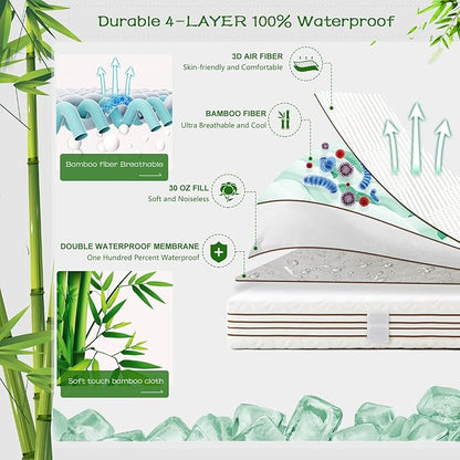 GRT King Waterproof Mattress Protector Rayon Bamboo - 3D Air Fiber Cooling Mattress Cover Breathable Ultra Soft, Mattress Pad Noiseless Fits up to 26'' Deep Pocket Washable