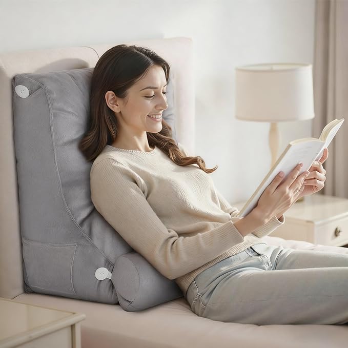 2PCS Reading Backrest Pillow Set,Soft FleeceLike,22''x24'' Bed Rest Pillow w/Removable Washable Cover,for Sit/Sleep,Leg/Back Support,Acid Reflux,PostSurgery Relief,Side Phone Pocket,Light Grey