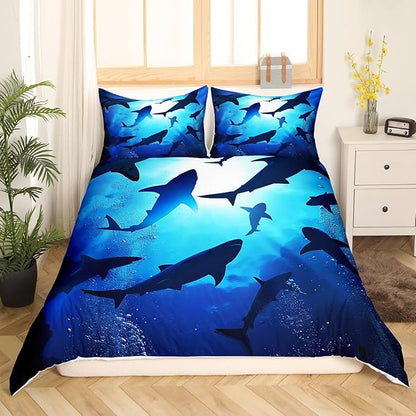Castle Fairy Shark Dolphin Fish Silhouette Bedding Set Twin Size,Blue Deep Ocean Themed Duvet Cover for Kids Boys Bed Comforter Cover Set,Underwater World Bedding Quilt Cover Set Decorative 2 Pieces