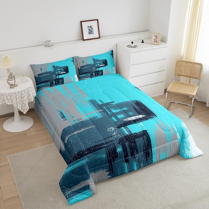Abstract Comforter Modern Abstract Art Comforter Set for Boys Girls Children Teal Blue Pattern Bedding Set Room Decor Toddler Size Duvet Set 2Pcs