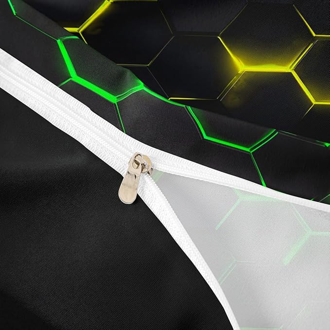 Honeycomb Bedding Duvet Cover Full Size Hexagon Bed Cover for Kids Teen Boys Girls Bedroom Decor Yellow Neon Lights Bed Cover Chic Creative Bedding Cover 3Pcs with 2 Pillowcase, Black