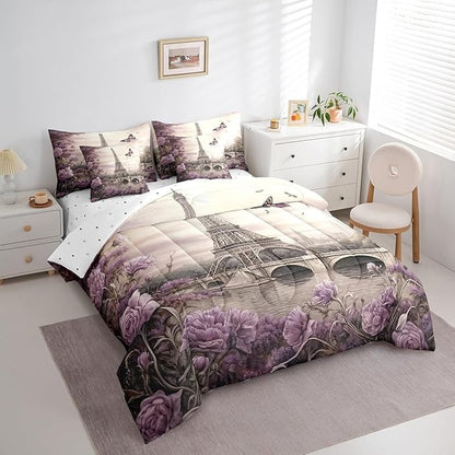 Feelyou Eiffel Tower Comforter Set with Sheets King Size Paris 7 Piece Bedding Set for Kids Boys Girls Teens Toddler Purple Flower and Butterfly Bed in a Bag Vintage Retro Bed Set